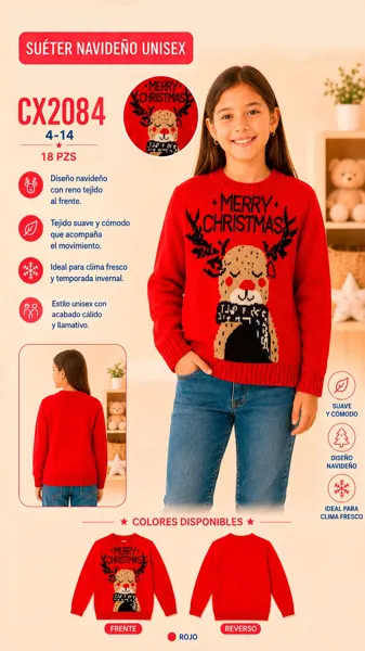 Sudadera navideña tejida con reno al frente para niña