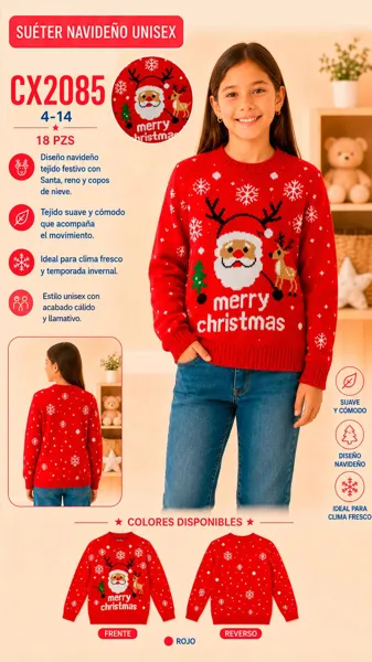 Sudadera navideña tejida con Santa, reno y copos de nieve para niña
