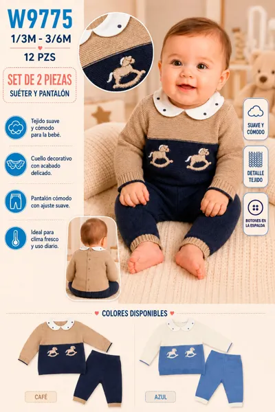 Conjunto de 2 piezas tejido con suéter de caballito bordado y pantalón para niño
