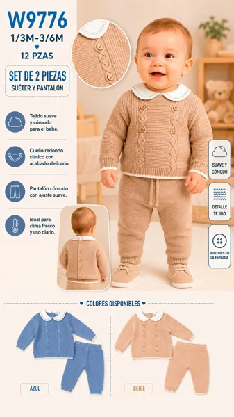 Conjunto de 2 piezas tejido con suéter de cuello redondo y pantalón para niño