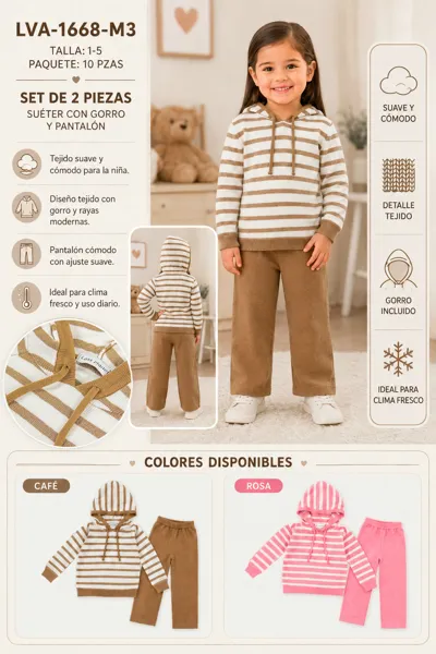 Conjunto de 2 piezas con suéter con gorro y pantalón de rayas para niña