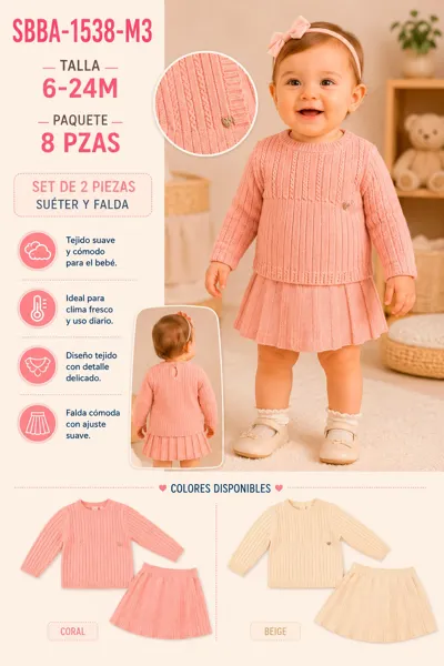 Conjunto de 2 piezas con suéter y falda tejida para niña
