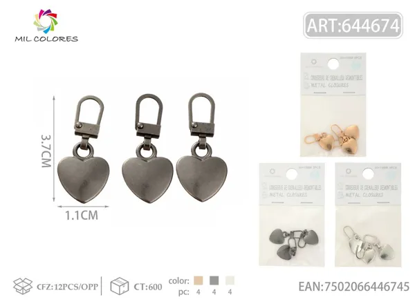 Tirador de cremallera desmontable con corazón 40*15mm 3pcs