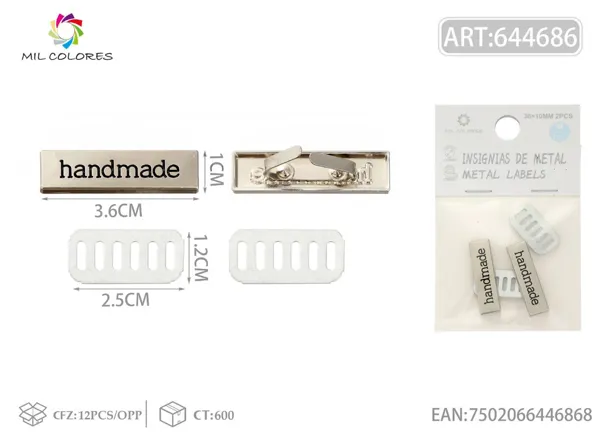 Etiqueta metálica artesanal rectangular 36*10mm 2pcs color plata