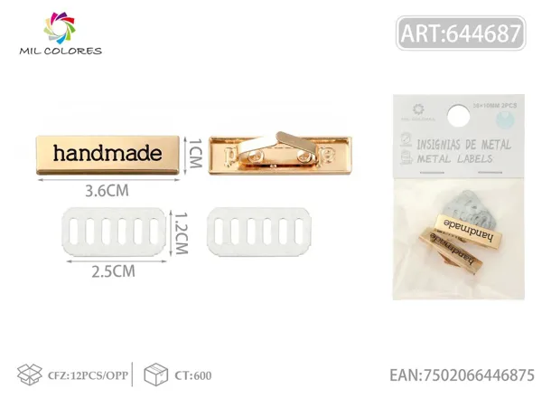 Etiqueta metálica artesanal rectangular 36*10mm 2pcs color oro claro