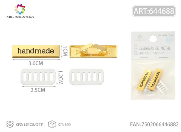 Etiqueta metálica artesanal rectangular 36*10mm 2pcs color oro falso