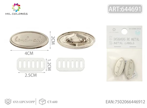 Etiqueta metálica artesanal ovalada 40*20mm 2pcs color plata
