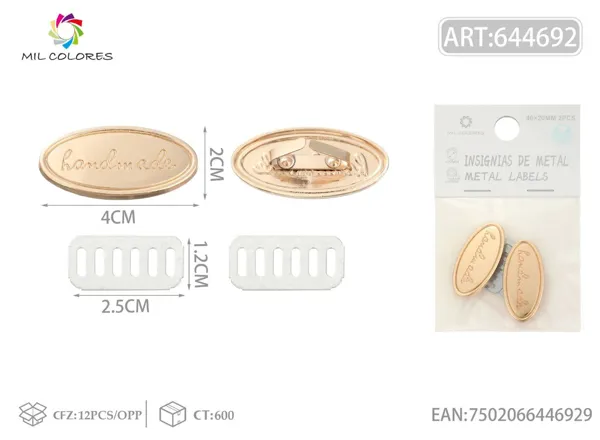 Etiqueta metálica artesanal ovalada 40*20mm 2pcs color oro claro