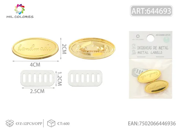 Etiqueta metálica artesanal ovalada 40*20mm 2pcs color oro falso
