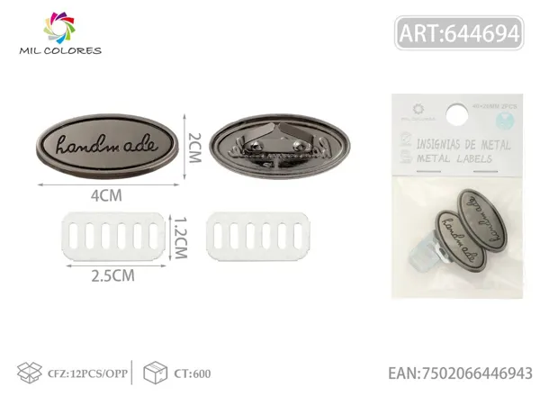 Etiqueta metálica artesanal ovalada 40*20mm 2pcs color negro pistola