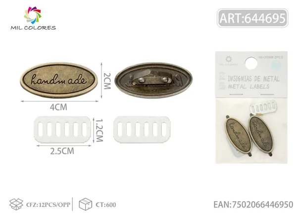 Etiqueta metálica artesanal ovalada 40*20mm 2pcs color bronce antiguo