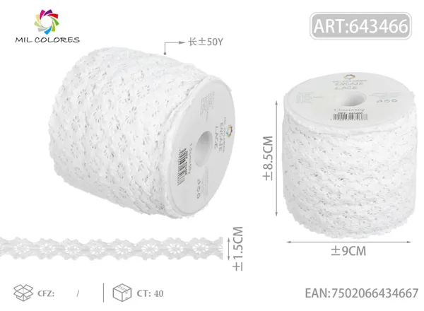 Puntilla de algodón 1082# 1.5cm*50y blanco