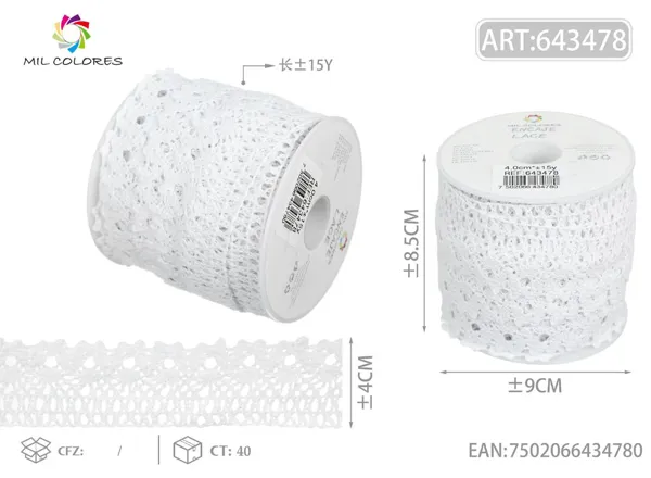 Puntilla de algodón 21869# 4.0cm*15y blanco