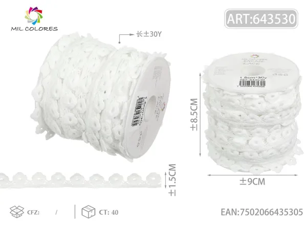 Puntilla de poliéster 6# 1.5cm*30y blanco