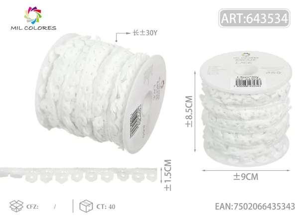 Puntilla de poliéster 10# 1.5cm*30y blanco