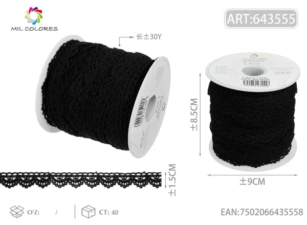Encaje de poliéster 1# 1.5cm*30y negro