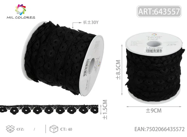 Encaje de poliéster 6# 1.5cm*30y negro