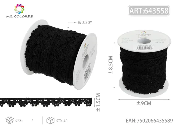 Encaje de poliéster 9# 1.5cm*30y negro