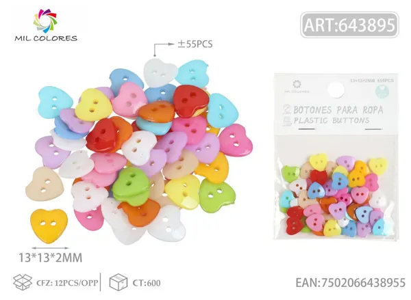 Botón #9 corazón 13*13*2mm colores surtidos ±55pcs