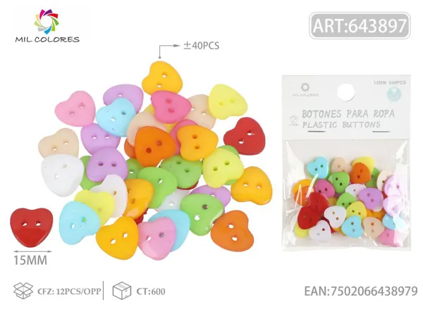 Botón #12 24 corazones 1.5cm ±40pcs colores surtidos