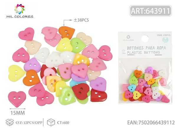 Botón corazón 1.5cm ±38pcs colores surtidos