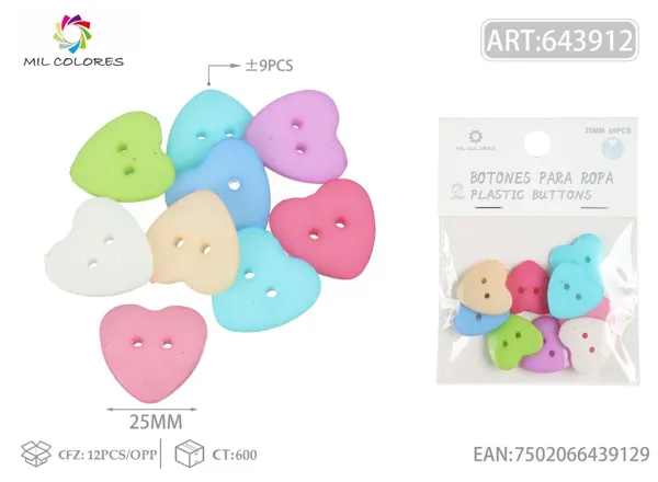 Botón corazón 2.5cm ±9pcs colores surtidos