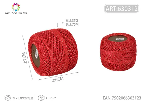 Hilo de algodón mercerizado #6 con hilo dorado 35g rojo 75m