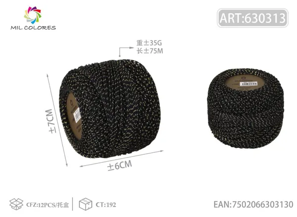 Hilo de algodón mercerizado #6 con hilo dorado 35g negro 75m