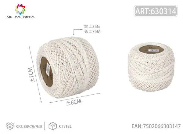 Hilo de algodón mercerizado #6 con hilo dorado 35g blanco 75m