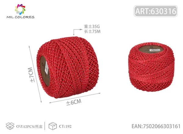Hilo de algodón mercerizado #6 con hilo plateado 35g rojo 75m