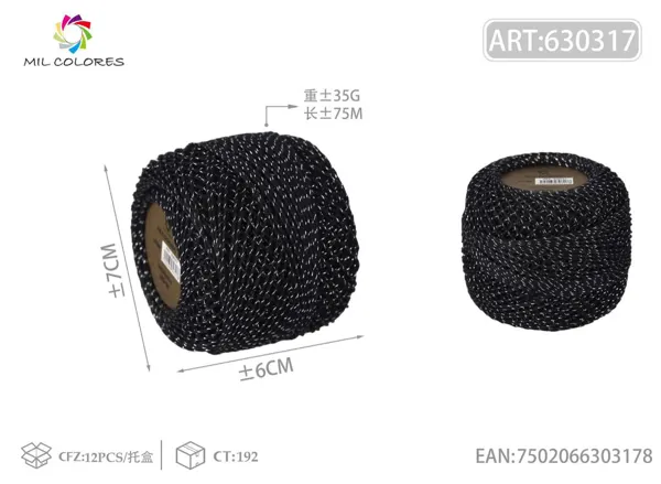 Hilo de algodón mercerizado #6 con hilo plateado 35g negro 75m