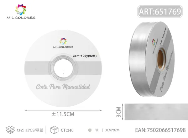 Cinta de PP liso de color 3cm*100 yardas plata