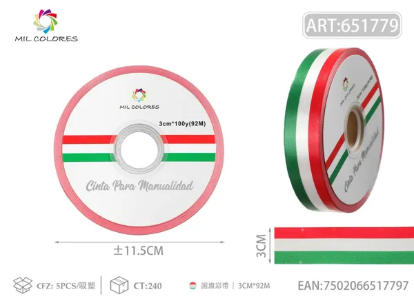 Cinta de PP lisa con diseño de bandera mexicana 3cm*100y