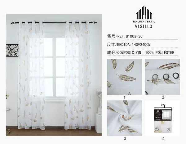 CORTINA DE GASA BORDADA PLUMAS DORADO 140X240CM
