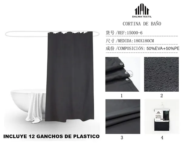 CORTINA DE BANO PLASTICO NEGRO 180X180CM