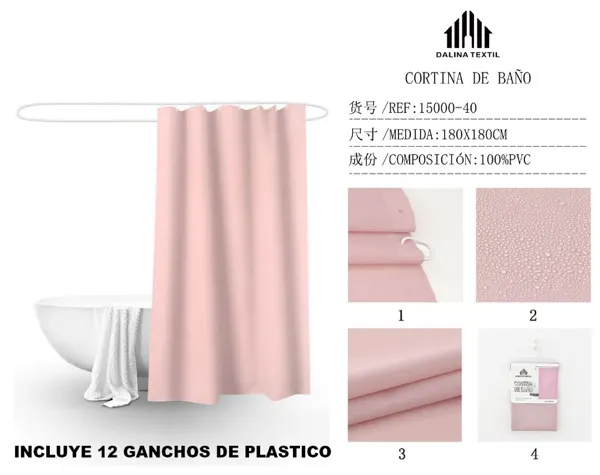 CORTINA DE BANO PLASTICO ROSA 180X180CM