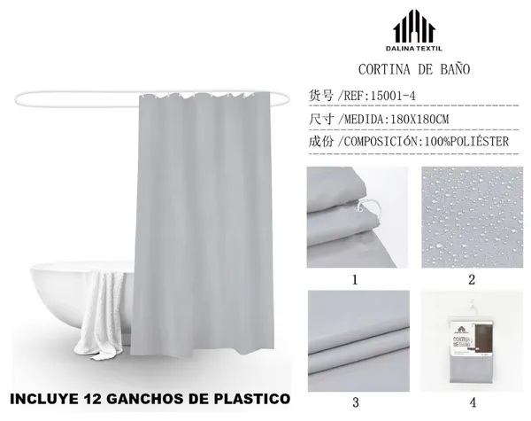 CORTINA DE BANO TELA LISA GRIS CLARO 180X180CM