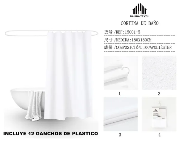 CORTINA DE BANO TELA LISA BLANCO 180X180CM