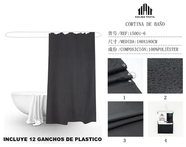 CORTINA DE BANO TELA LISA NEGRA 180X180CM