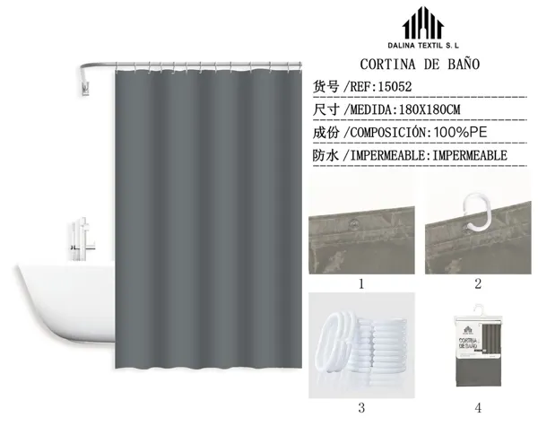 CORTINA DE BANO PLASTICO GRIS OSCURO 180X180CM