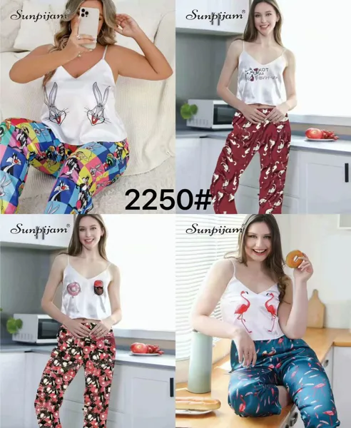 Conjunto de pijama para dama, 2 piezas, blusa de tirantes y pantalón, estampado de caricatura