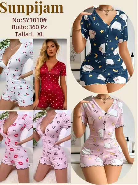 Mameluco de pijama para dama tipo short, manga corta, estampado de animalitos