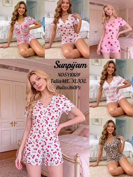 Mameluco de pijama para dama tipo short, manga corta, estampado variado