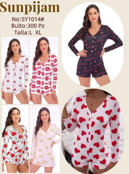 Mameluco de pijama para dama tipo short, manga larga, estampado de corazones