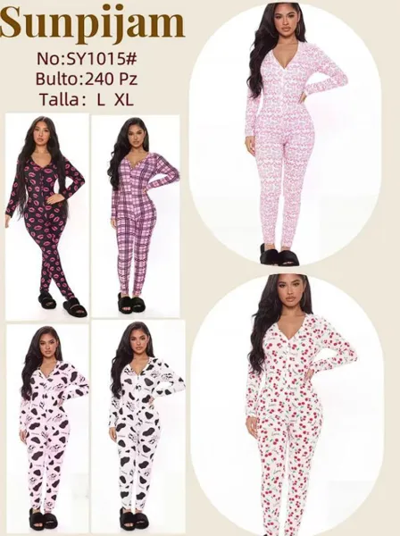 Mameluco de pijama para dama, manga larga, entallado, estampado variado
