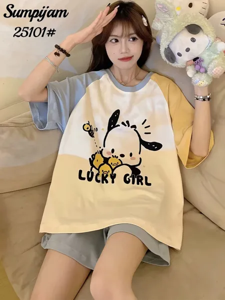 Conjunto de pijama para dama, cuello redondo, manga corta con short, 2 piezas, estampado de caricatura color amarillo
