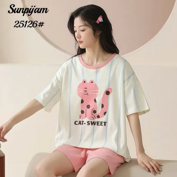 Conjunto de pijama para dama, cuello redondo, manga corta con short, 2 piezas, estampado de gatito color rosa