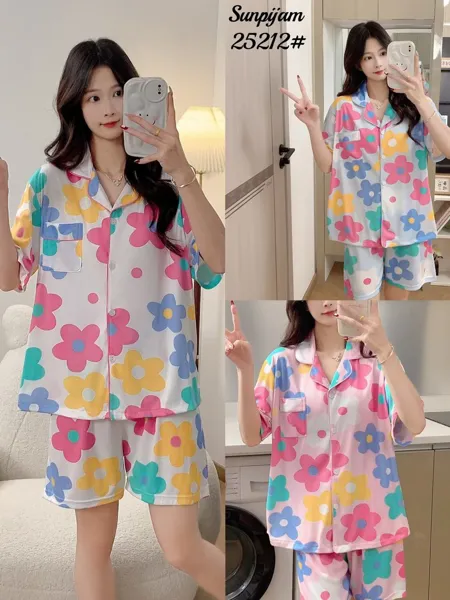 Conjunto de pijama para dama, 2 piezas, manga corta con short, estampado floral de colores