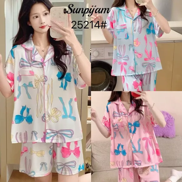 Conjunto de pijama para dama, 2 piezas, manga corta con short, estampado de moños de colores
