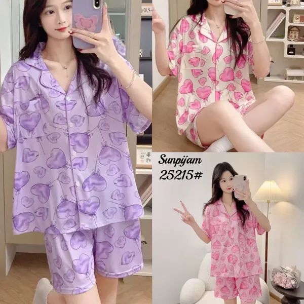 Conjunto de pijama para dama, 2 piezas, manga corta con short, estampado de corazones color lila